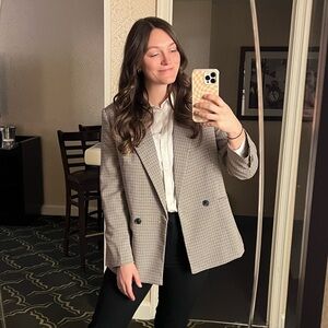 Mango Black and White Checkered Blazer